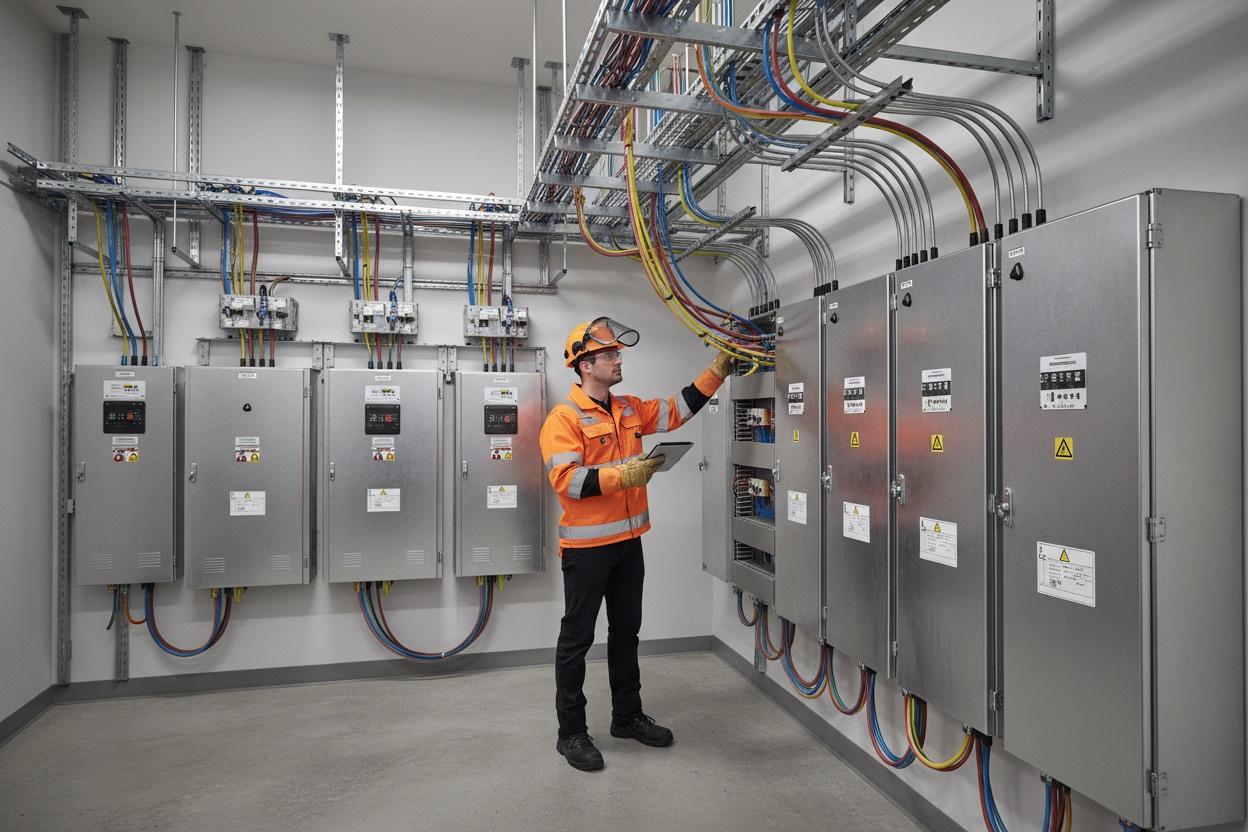 Commercial electrical room with organized panels, cable tray, and technician review