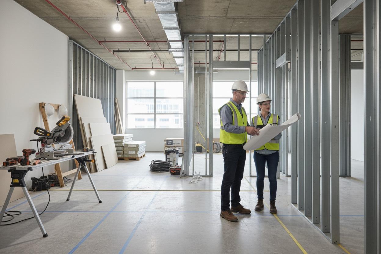 Construction supervisors reviewing scope inside a clean commercial buildout